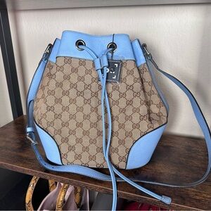 Authentic GG Gucci Bucket Bag Blue Monogram Shoulder Bag
